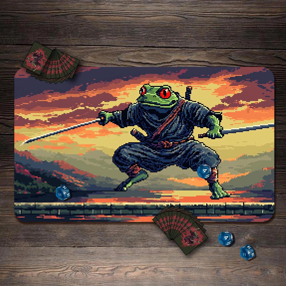 Retro Gaming Xl - แผ่นรองโต๊ะเกมมิ่งลายกบซามูไรพิกเซลย้อนยุค กบนินจาพร้อมดาบคู่ ลายพระอาทิตย์ตก แผ่นรองเล่น TCG ยางพรีเมียม