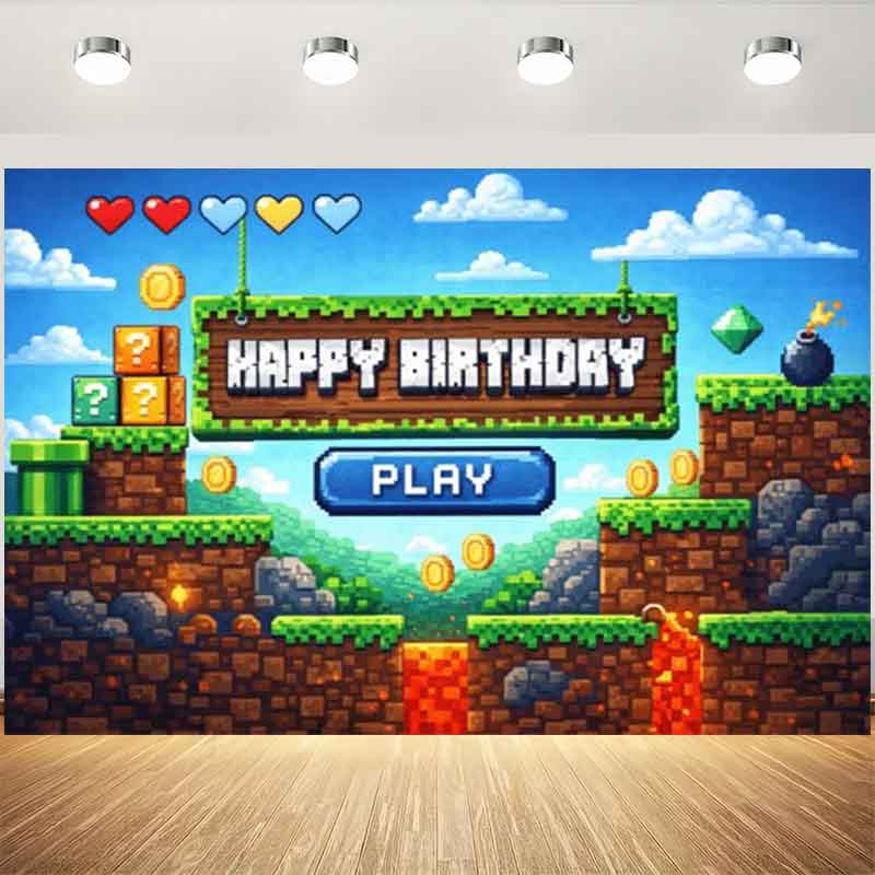 Retro Gaming Banner - ฉากหลังวันเกิดเกมพิกเซล ฉากหลังถ่ายรูปหัวใจบล็อกเหรียญเกมย้อนยุค แบนเนอร์ตกแต่งงานเลี้ยงวันเกิดเกมสำหรับเด็กผู้ชาย