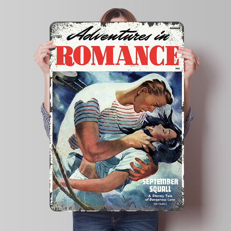 Retro Gaming At - ADVENTURES IN ROMANCE โปสเตอร์โลหะดีบุก ศิลปะติดผนังแบบกำหนดเอง ป้ายโลหะสไตล์วินเทจย้อนยุคสำหรับตกแต่งห้องเล่นเกมที่บ้าน