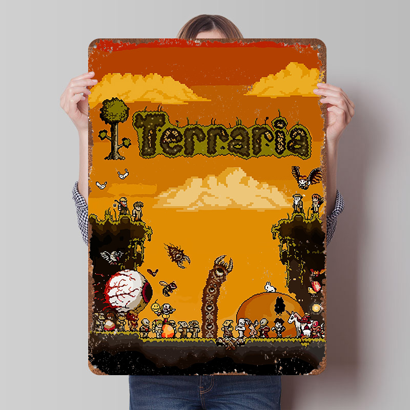 Retro Gaming At - โปสเตอร์พิมพ์ลายเกม Terraria Pixel Art งานศิลปะติดผนังแบบกำหนดเอง ป้ายโลหะวินเทจย้อนยุคสำหรับตกแต่งห้องเล่นเกม