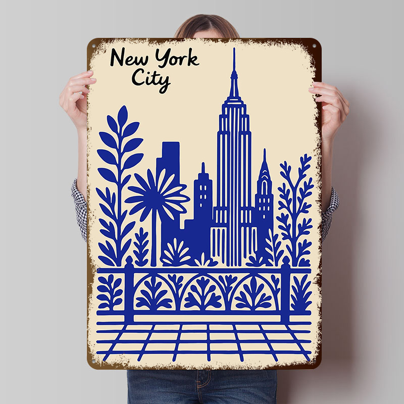 Retro Gaming At - ป้ายโลหะวินเทจแบบกำหนดเองลาย New York City Blue สำหรับตกแต่งผนังห้องเล่นเกมส์