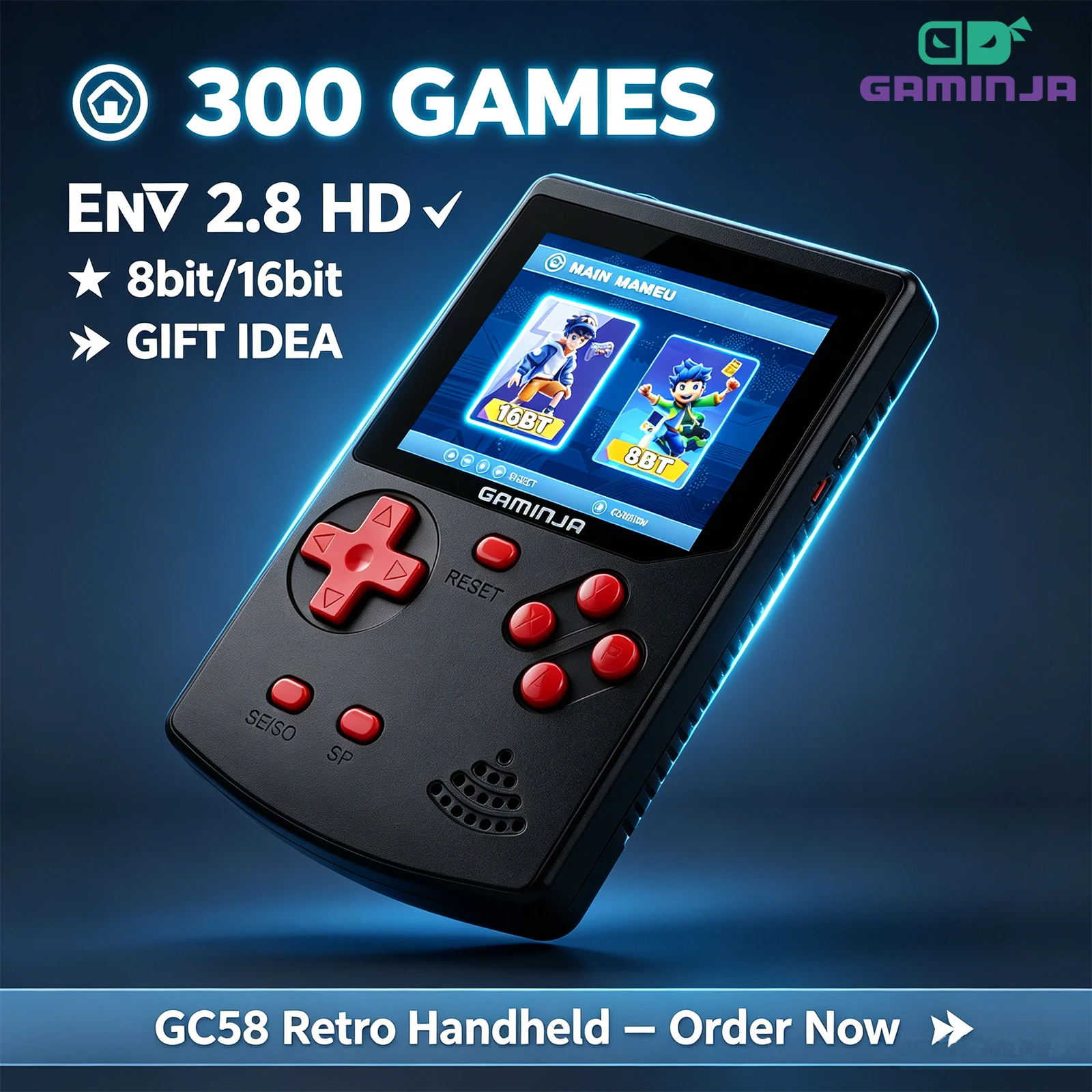 Retro Gaming Kiosk - GAMINJA คอนโซลเกมพกพา 300 คลาสสิก 8 บิต/16
