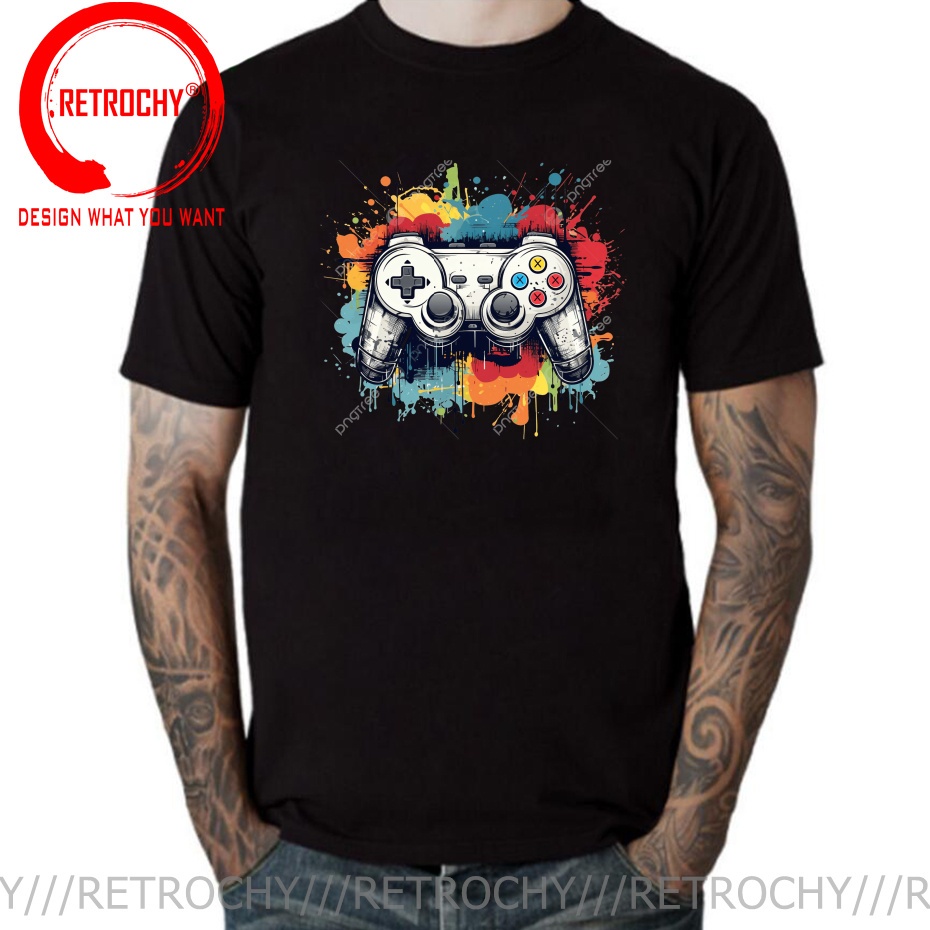 Retro Gaming Shops - เสื้อยืดลายกราฟิกเกมเมอร์สไตล์เรโทรสำหรับผู้ชาย แฟชั่นทันสมัย เสื้อผ้าลำลอง เสื้อยืดเท่ๆ สไตล์สบายๆ